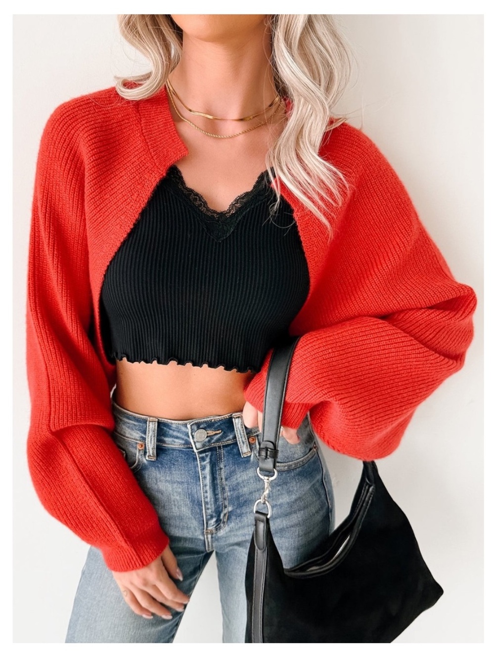 🟠NWT DOUBLE ZERO Oversized Soft Open-Front Bolero Cardigan in Red